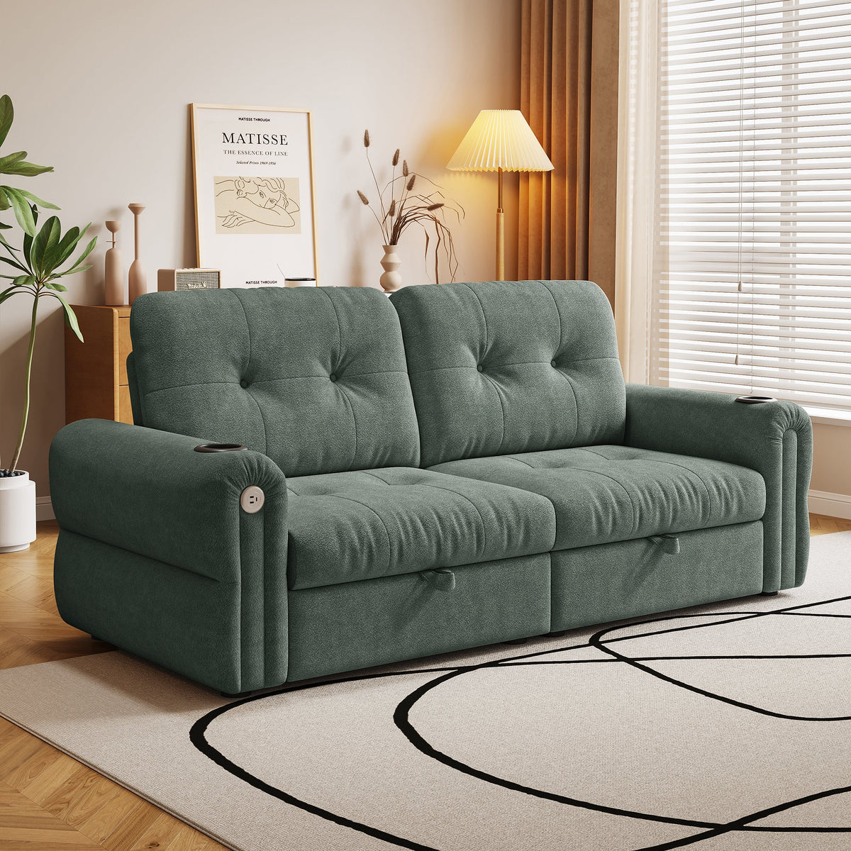Chenille Convertible Sofa Bed teal tufted upholstery by HouseOfZazla in living room on Tampa Home & Garden Store