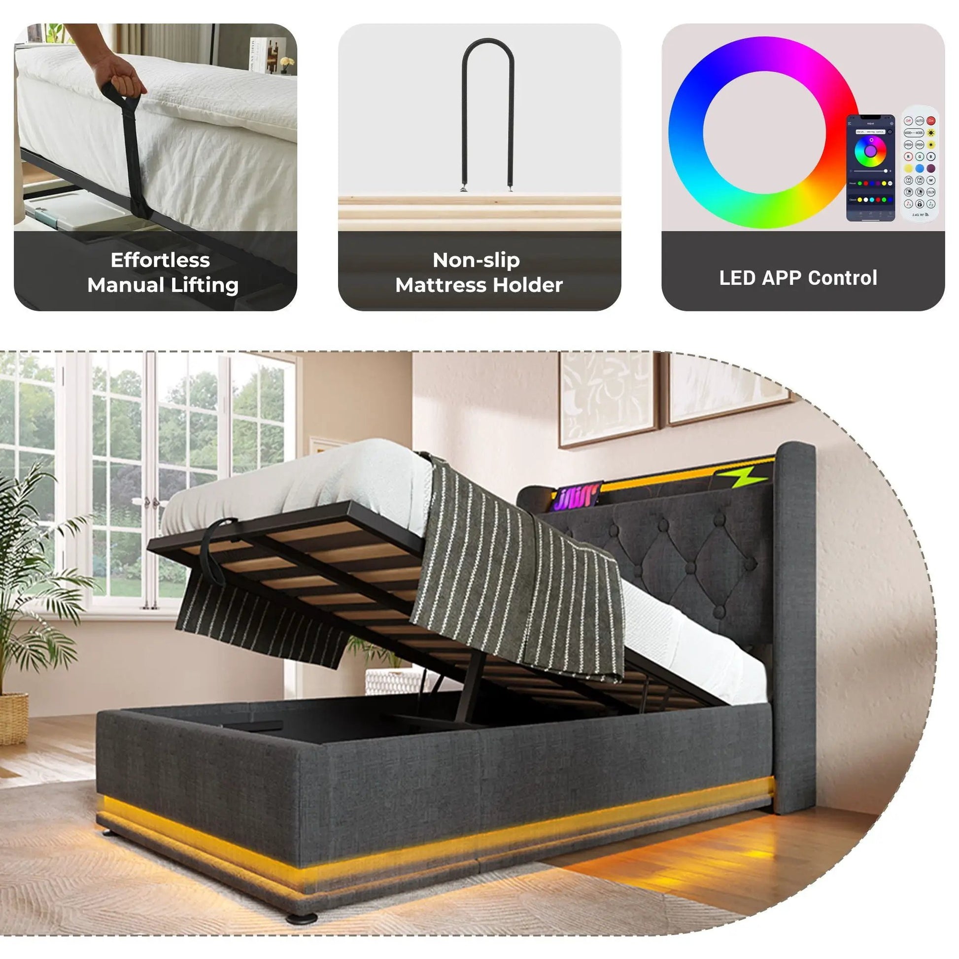 Upholstered storage bed Unique Piece Furniture with hydraulic lift 360 LED USB-C charging remote on Tampa Home & Garden Store