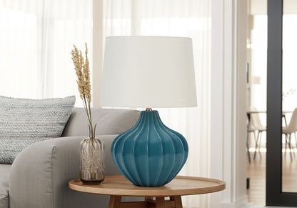 Table lamp ceramic blue with white shade and ribbed teal base, HouseOfZazla on Tampa Home & Garden Store