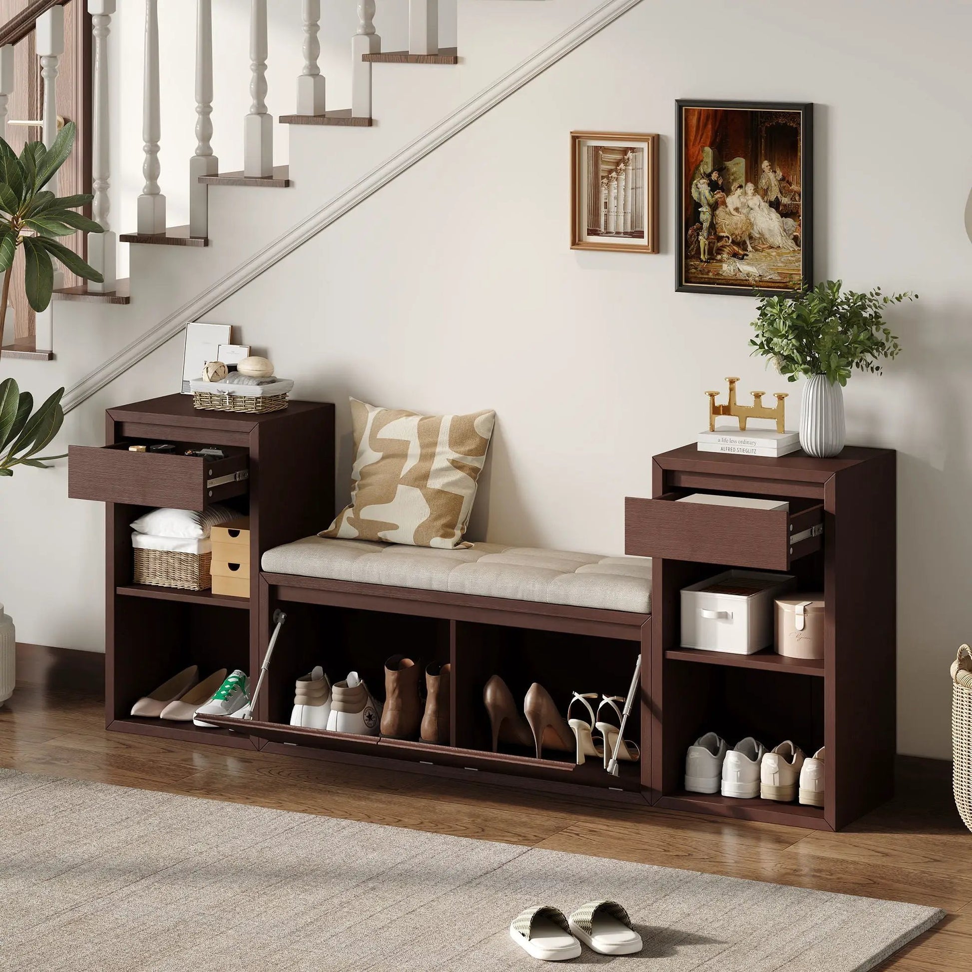 Entryway storage bench with cushion and drawers open shelves in dark wood finish shoe storage below on Tampa Home & Garden Store