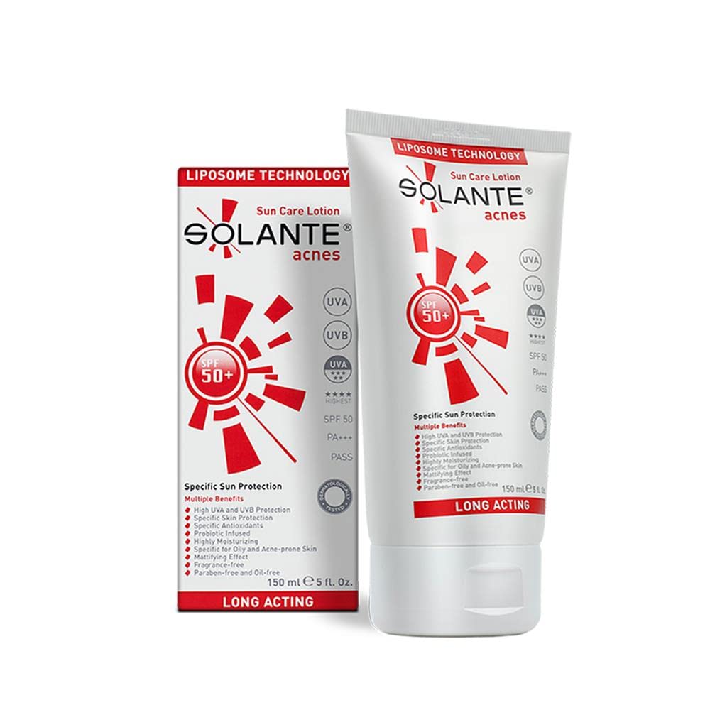 Solante acnes SPF 50+ tinted sunscreen lotion tube and box duo with red logo 150 ml on Tampa Home & Garden Store