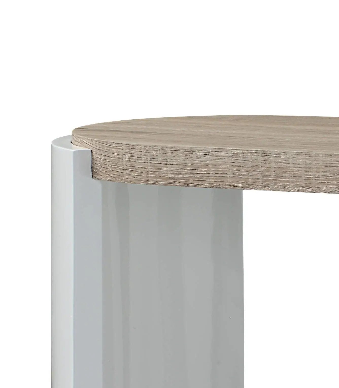 Zoma high gloss sofa table with round oak top and white base close-up corner on Tampa Home & Garden Store
