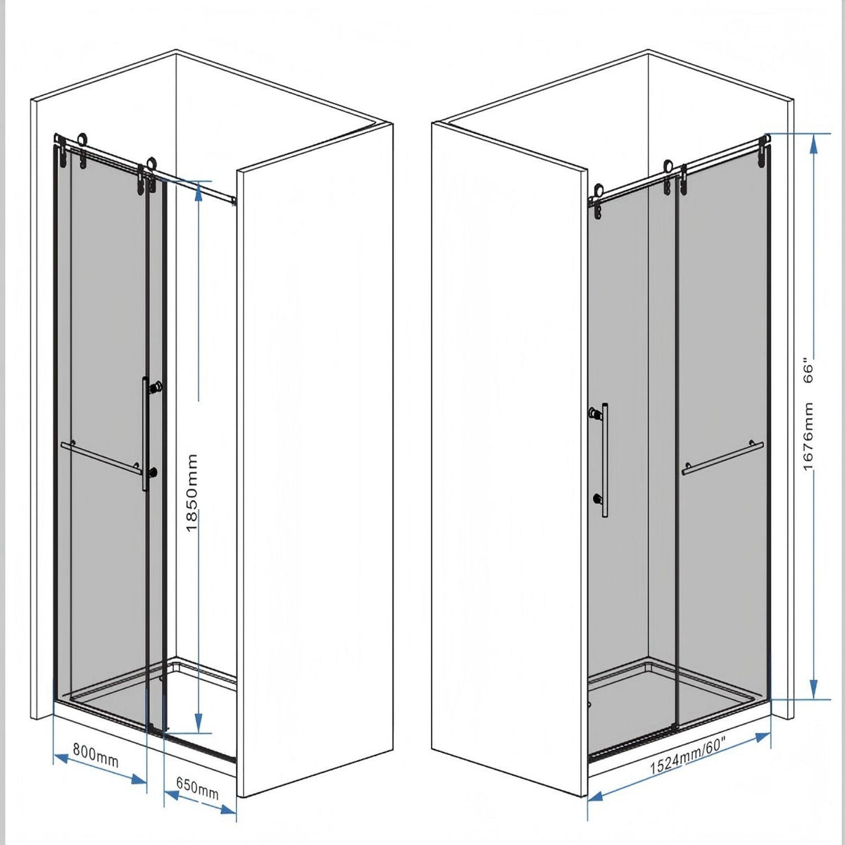 Frameless sliding bathtub doors with tempered gray glass and black hardware, 2-panel corner on Tampa Home & Garden Store