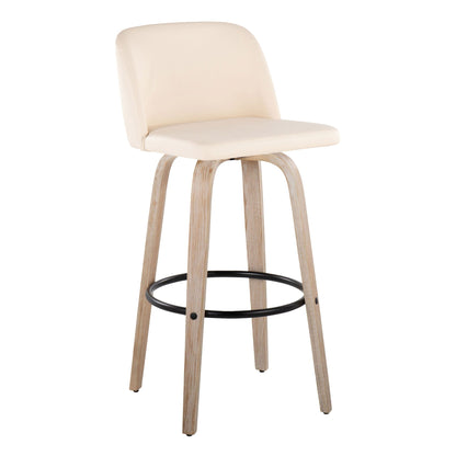 Mid-Century Modern fixed-height bar stool set with beige upholstery, natural wood legs, footrest on Tampa Home & Garden Store