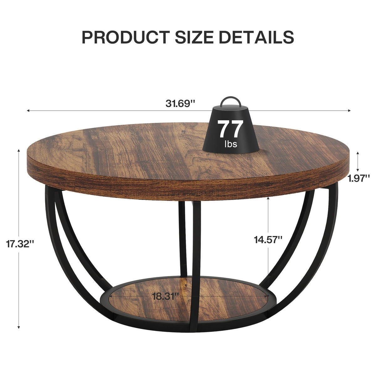 2 Tier Circle Coffee Table with Storage Shelves by HouseOfZazla, wood finish top, black metal legs on Tampa Home & Garden Store