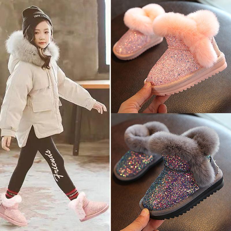 Stevvex winter boots for toddlers pink & gray glitter with fluffy fur trim on Tampa Home & Garden Store