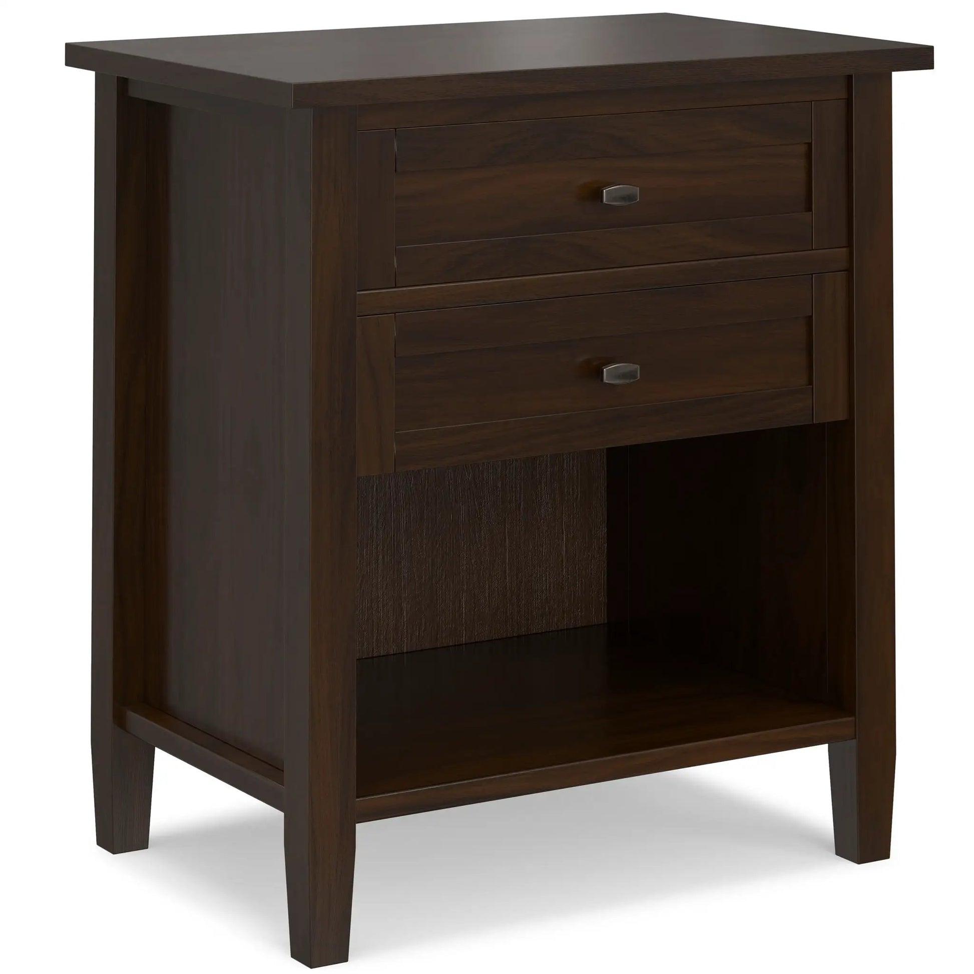 Warm Shaker Bedside Table in dark walnut with 3 drawers and metal knob, accent nightstand on Tampa Home & Garden Store