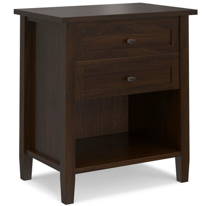 Warm Shaker Bedside Table in dark walnut with 3 drawers and metal knob, accent nightstand on Tampa Home & Garden Store