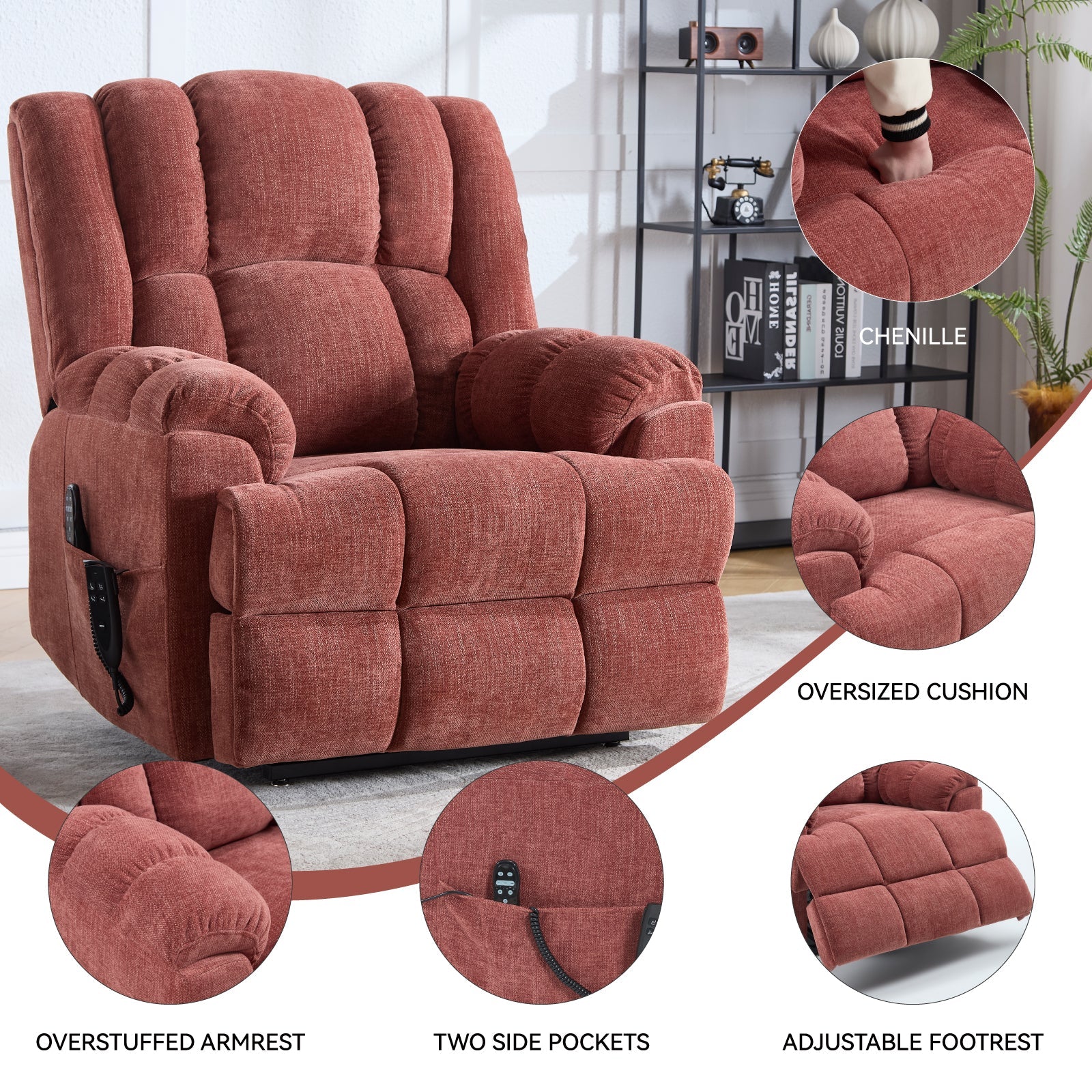 Dual Motor Heat Massage Electric Power Lift Recliner in terracotta chenille by HouseOfZazla on Tampa Home & Garden Store
