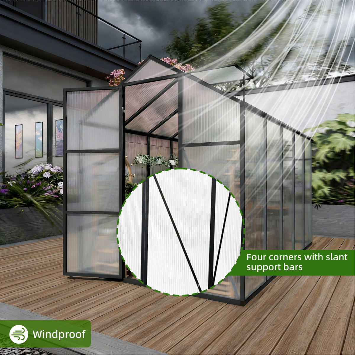 Windproof greenhouse with raised base, black frame and polycarbonate panels on Tampa Home & Garden Store