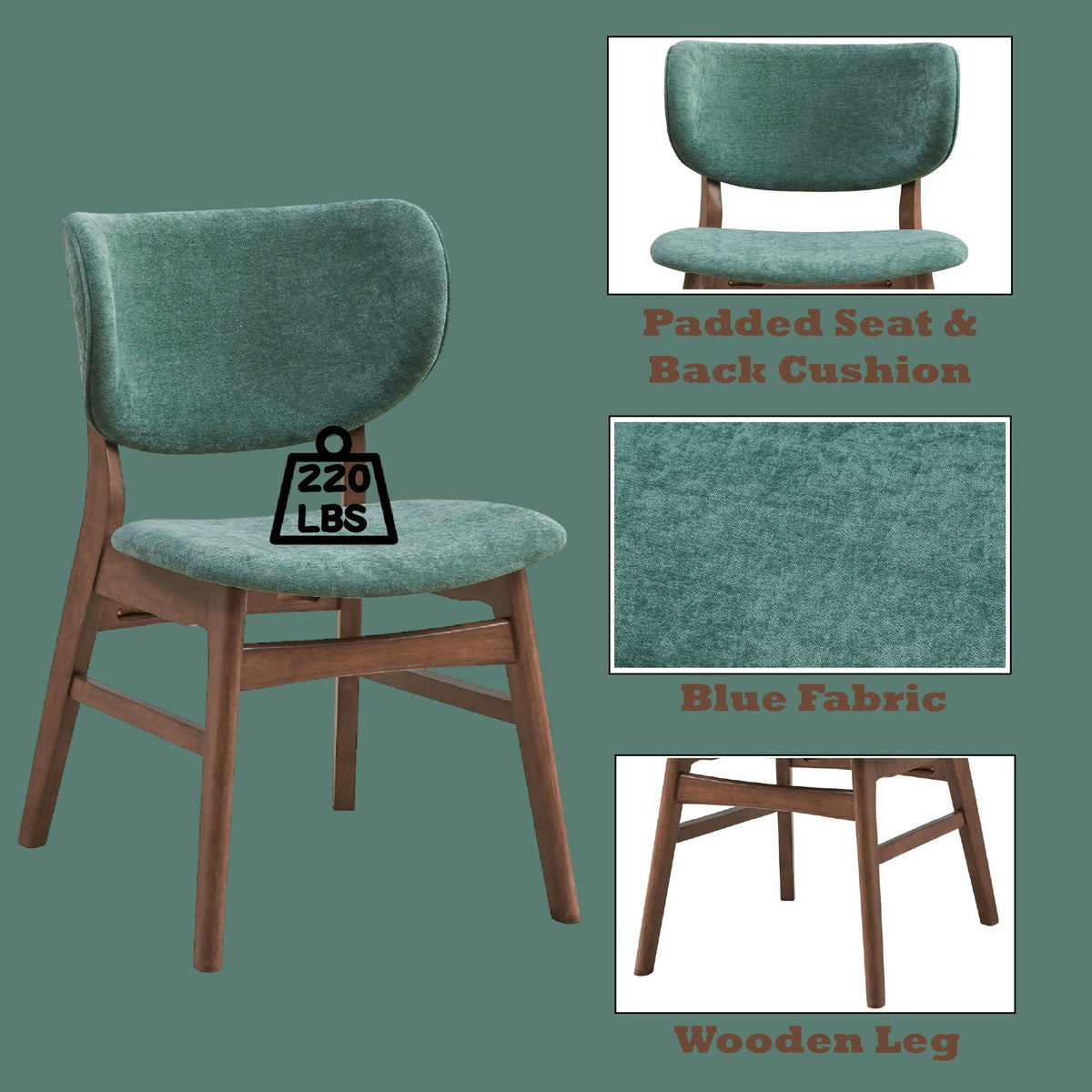 Bevis Side Chair Set with padded cushion blue-green fabric, wooden legs, 2 chairs HouseOfZazla on Tampa Home & Garden Store