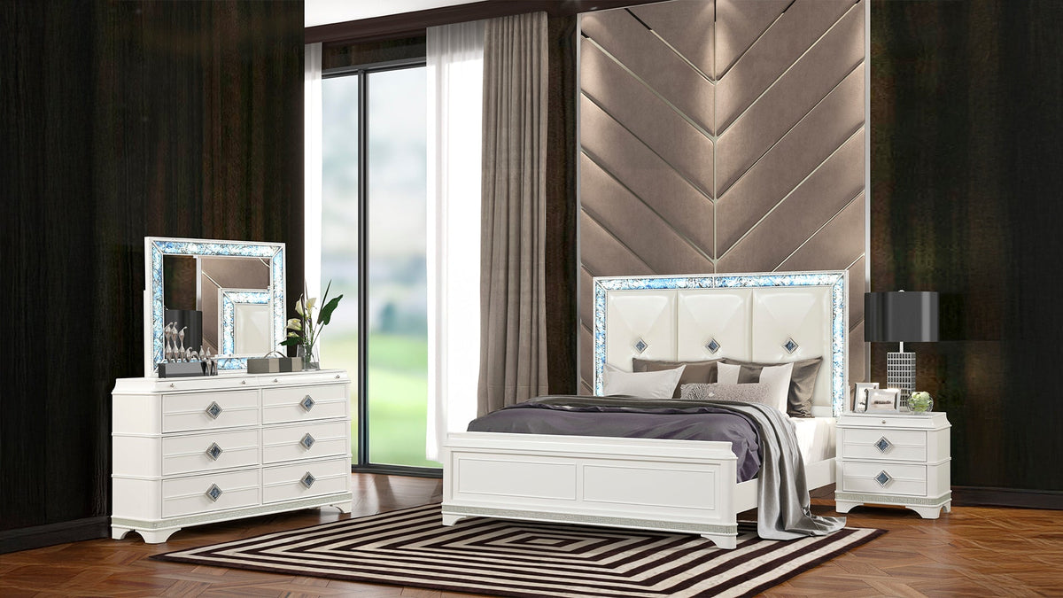 Laguna modern 4pc king upholstered bedroom set white with tufted ivory headboard and crystal on Tampa Home & Garden Store