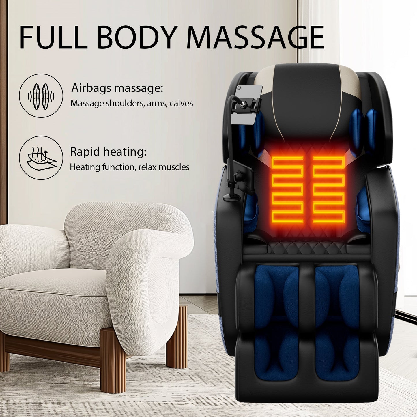 Massage chair recliner with full-body airbags and orange heated panels, black with blue padding on Tampa Home & Garden Store
