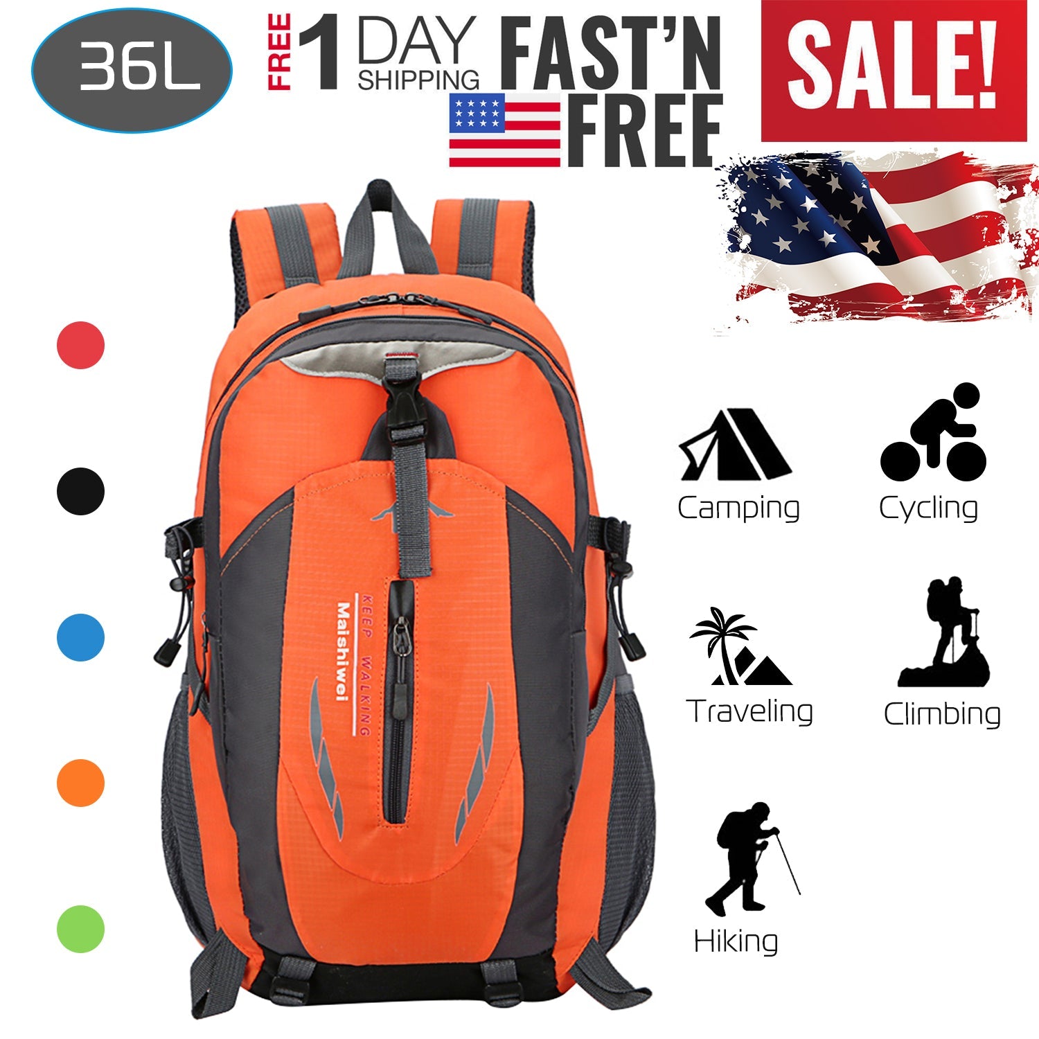 GemGear 36L waterproof hiking backpack orange with grey panels and reinforced straps on Tampa Home & Garden Store