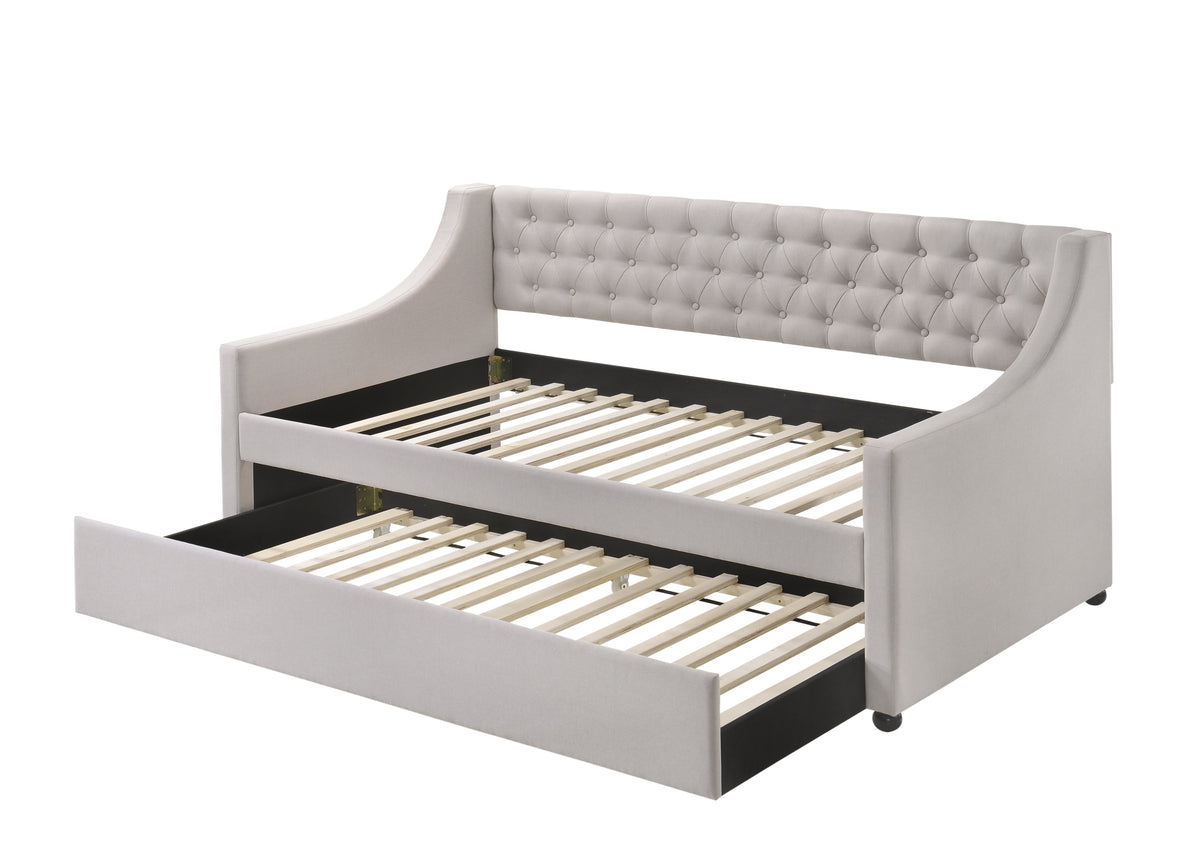 Lianna Fog Daybed with Trundle (Twin), grey tufted back with curved arms, slatted frame HouseOfZazla on Tampa Home & Garden Store