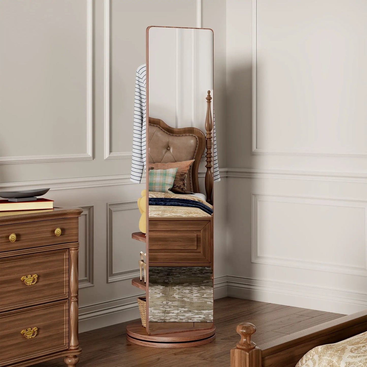 3 In 1 Full Length Clothing Mirror with wood frame and built-in shelves in a beige paneled room on Tampa Home & Garden Store
