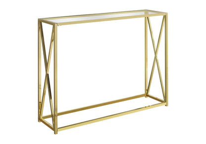 Accent console table gold metal frame with glass top and crisscross side panels on Tampa Home & Garden Store