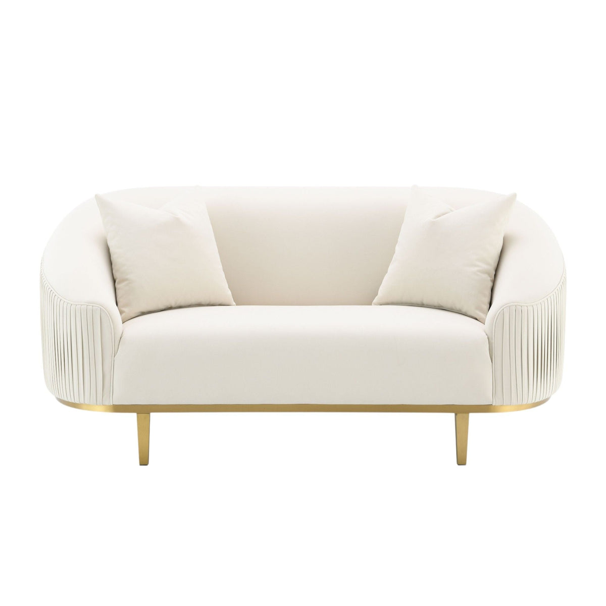 Ivory velvet loveseat with two pillows, gold metal legs and curved arms on Tampa Home & Garden Store