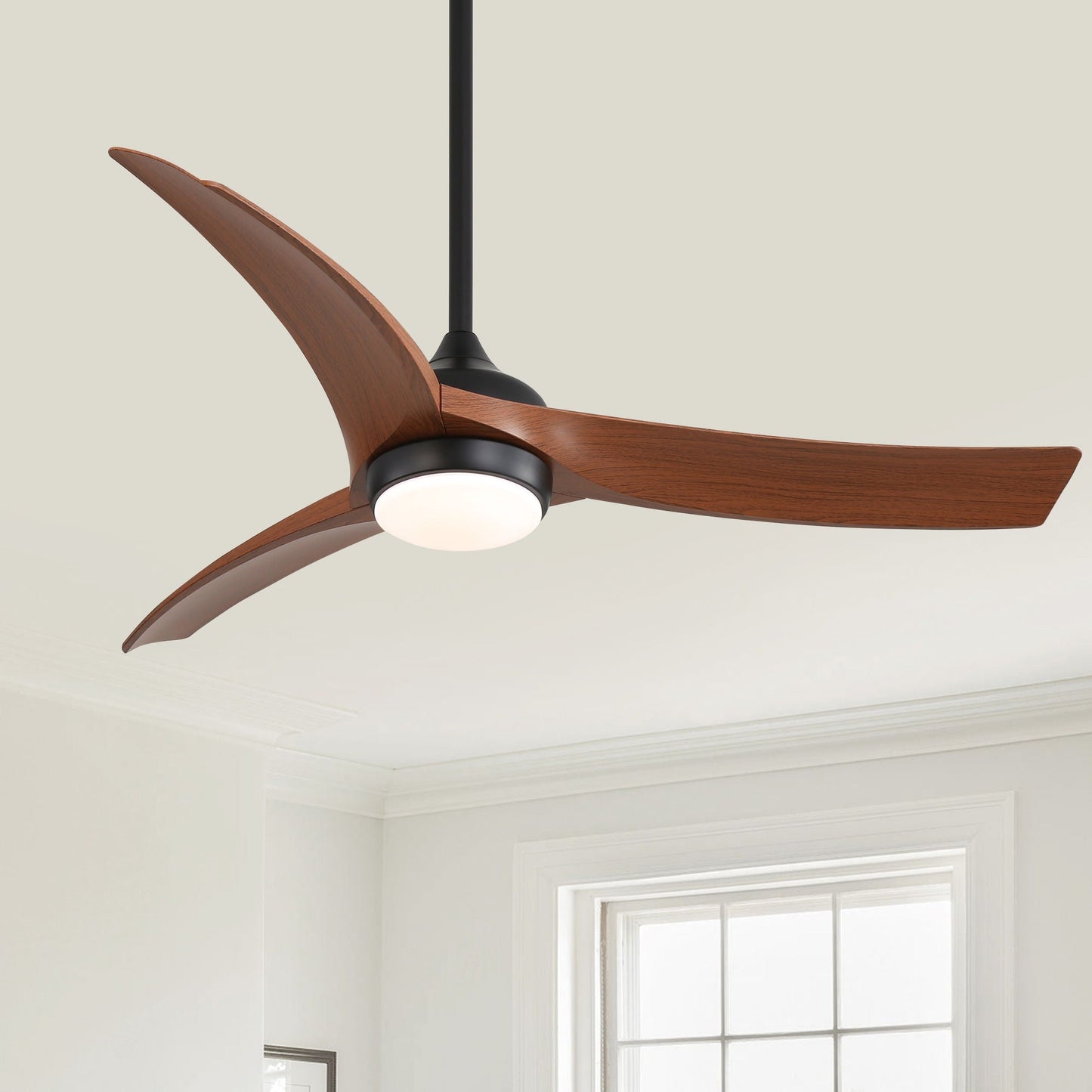 HouseOfZazla ceiling fan with 3 wood blades in walnut finish and black motor housing with light on Tampa Home & Garden Store