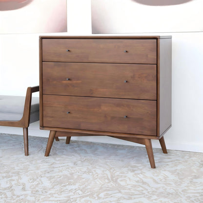HouseOfZazla solid wood 3-drawer dresser in warm brown with tapered legs and round knobs on Tampa Home & Garden Store