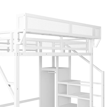Full size loft bed with stairs and storage shelves, white metal frame with mesh panels on Tampa Home & Garden Store