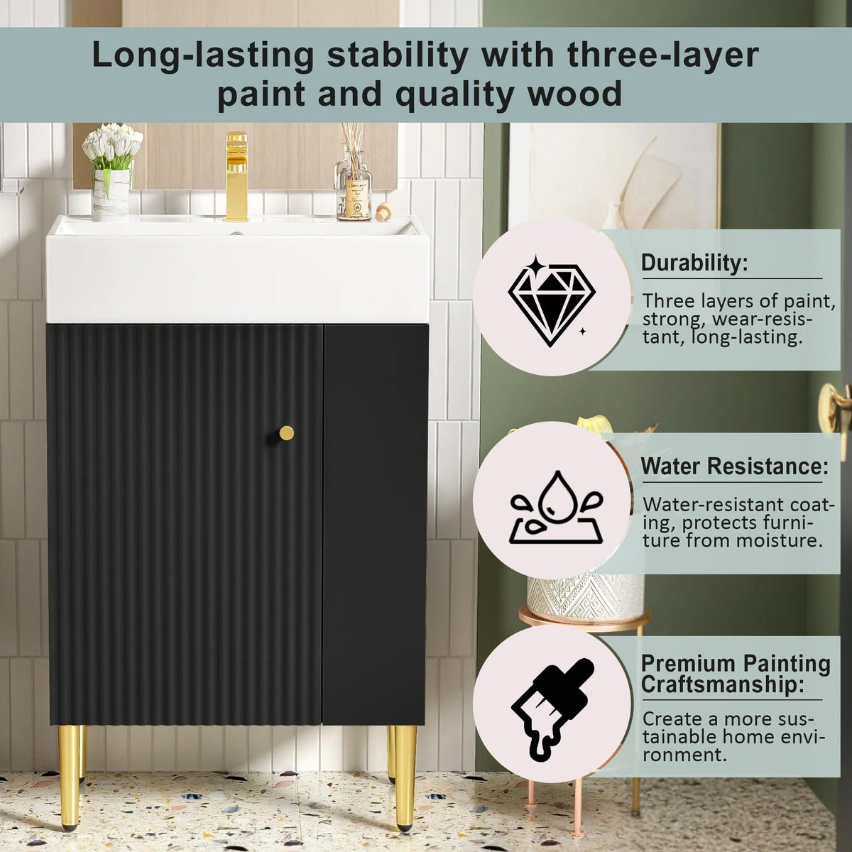 Bathroom vanity with ceramic sink and side storage, black ribbed cabinet, white countertop on Tampa Home & Garden Store