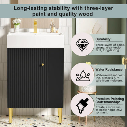Bathroom vanity with ceramic sink and side storage, black ribbed cabinet, white countertop on Tampa Home & Garden Store