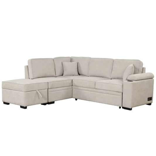 Beige sleeper sectional sofa bed with storage ottoman, L-shaped, Unique Piece Furniture on Tampa Home & Garden Store