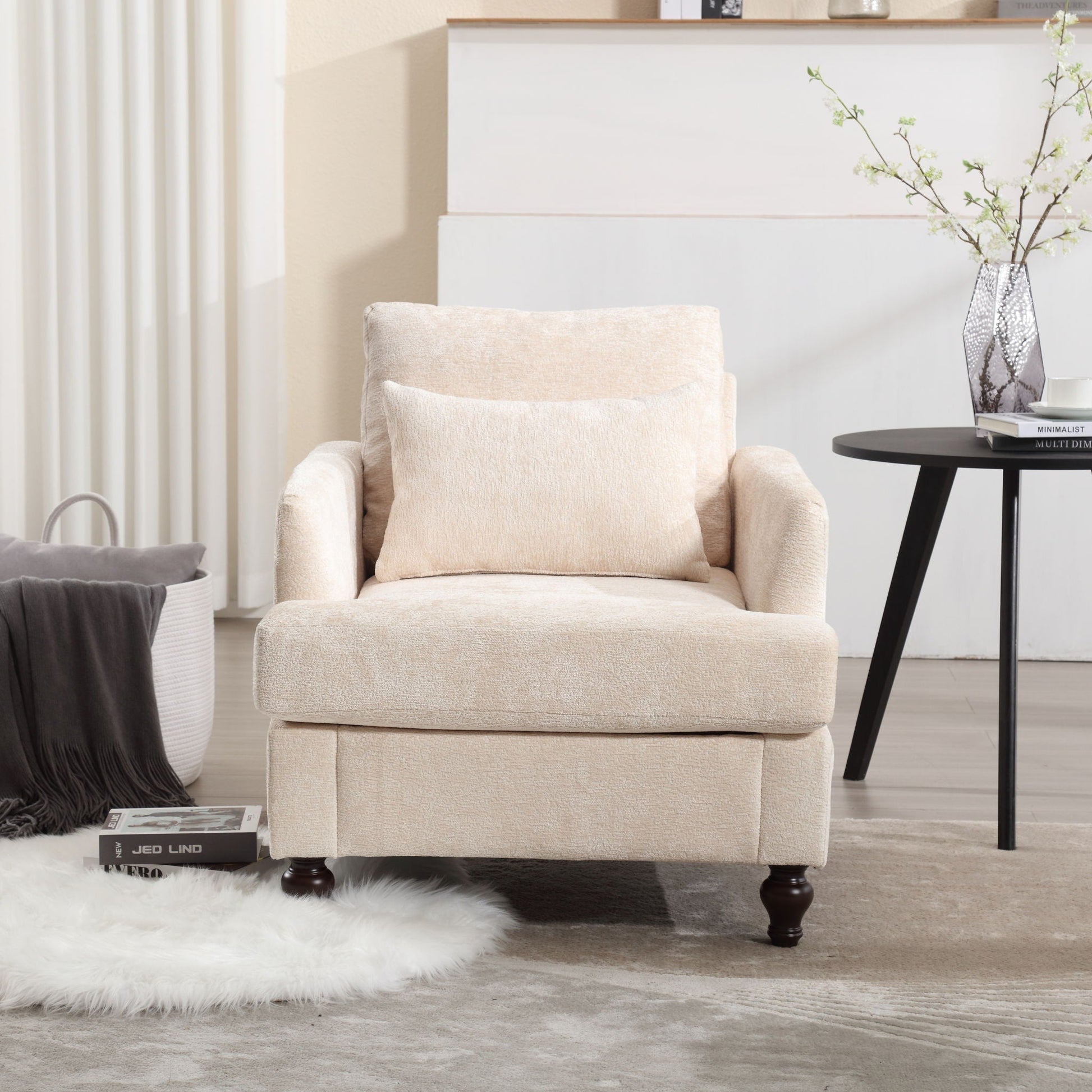 HouseOfZazla tufted beige armchair with dark wood legs in a mid-century style lounge on Tampa Home & Garden Store