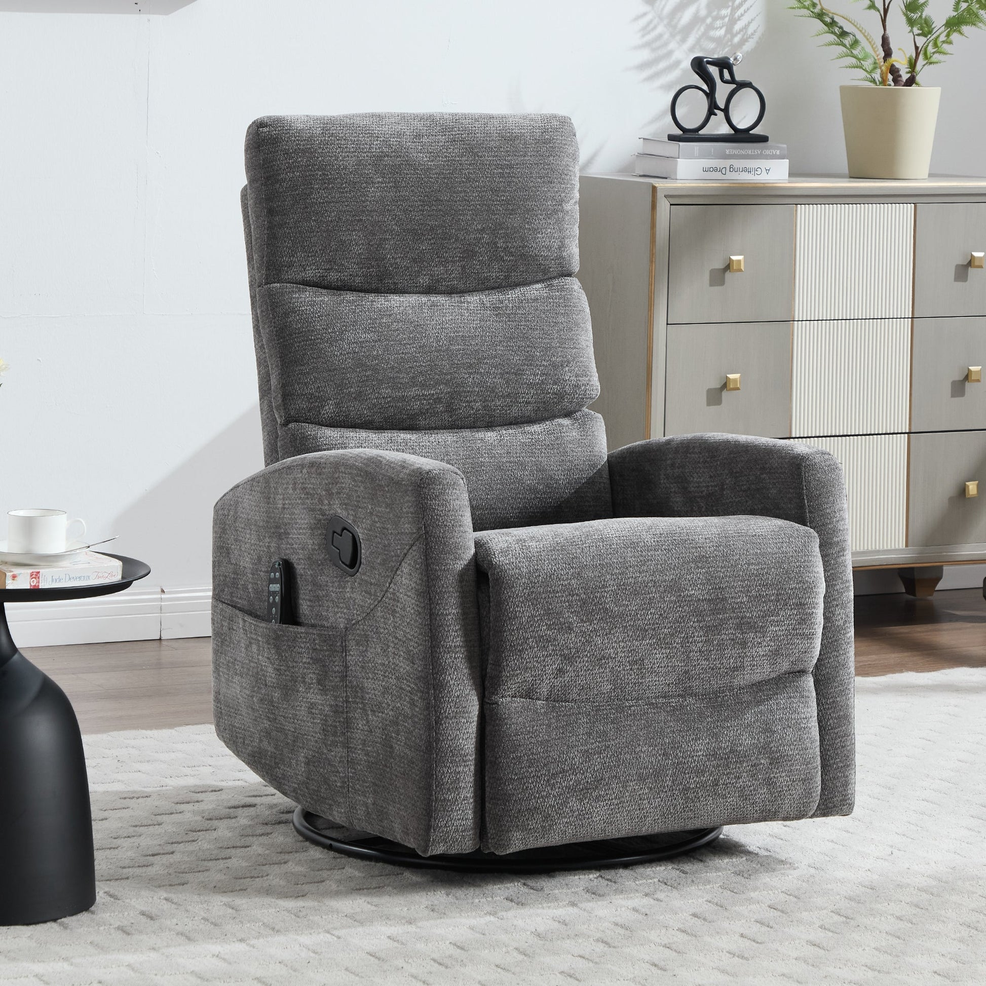 Heat massage manual recliner chair in gray fabric with rocker and swivel by HouseOfZazla on Tampa Home & Garden Store