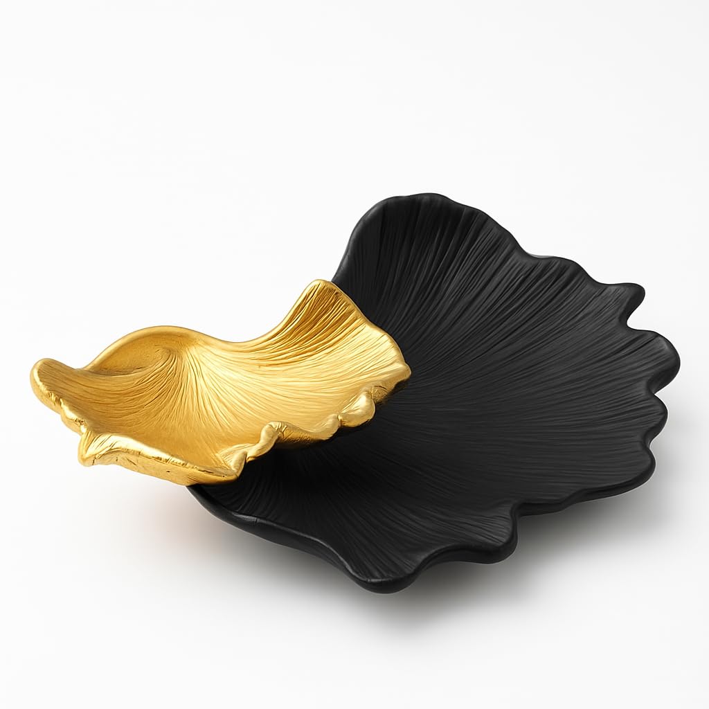 Black and Gold Ginkgo Leaf Two Tier Tray
