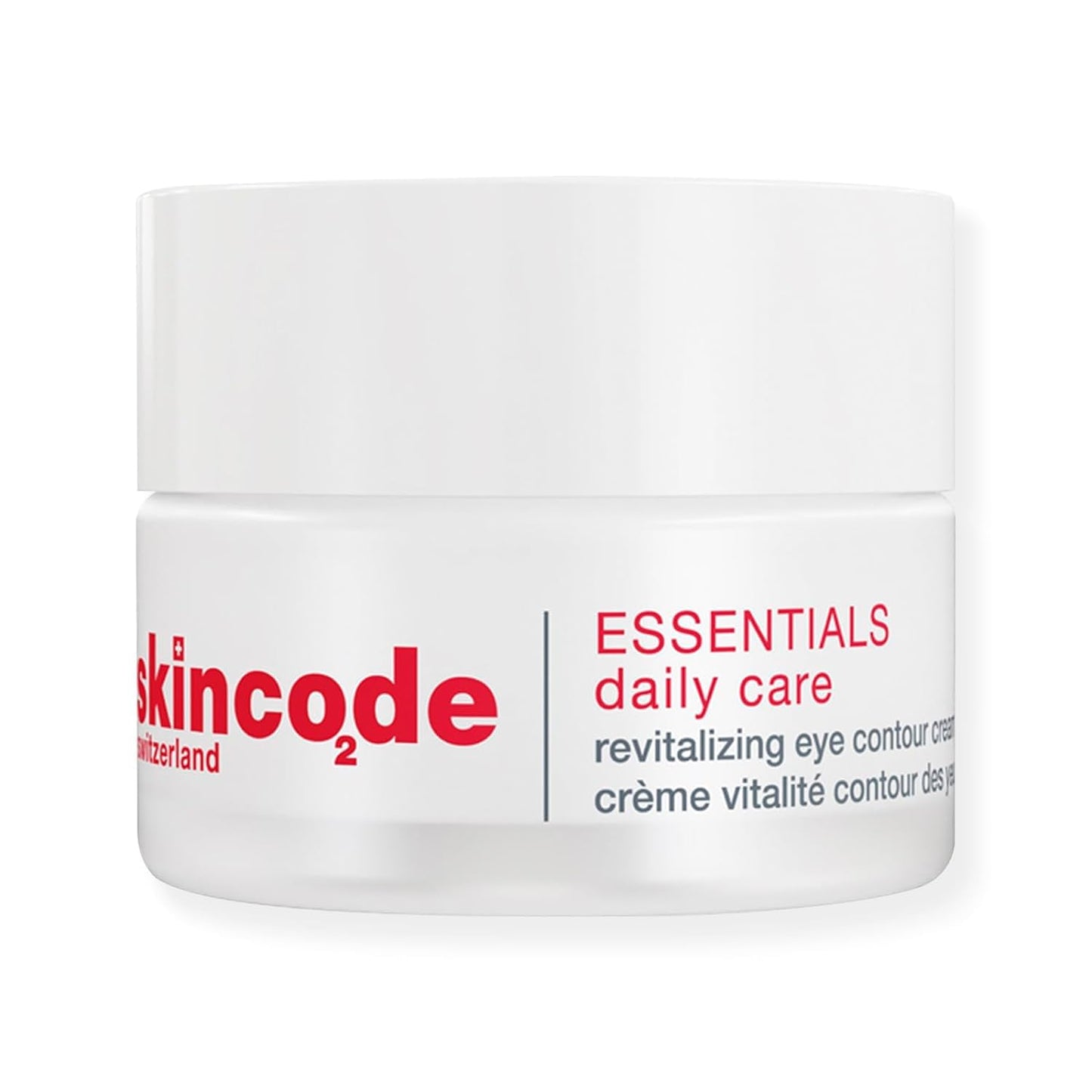 Skincode revitalizing eye contour cream jar with red logo and Essentials daily care label on Tampa Home & Garden Store