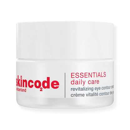 Skincode revitalizing eye contour cream jar with red logo and Essentials daily care label on Tampa Home & Garden Store