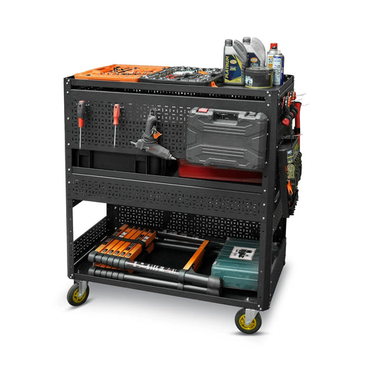 Carro de herramientas rodante ajustable de 3 niveles | Organizador de garaje y taller con tablero perforado de acero