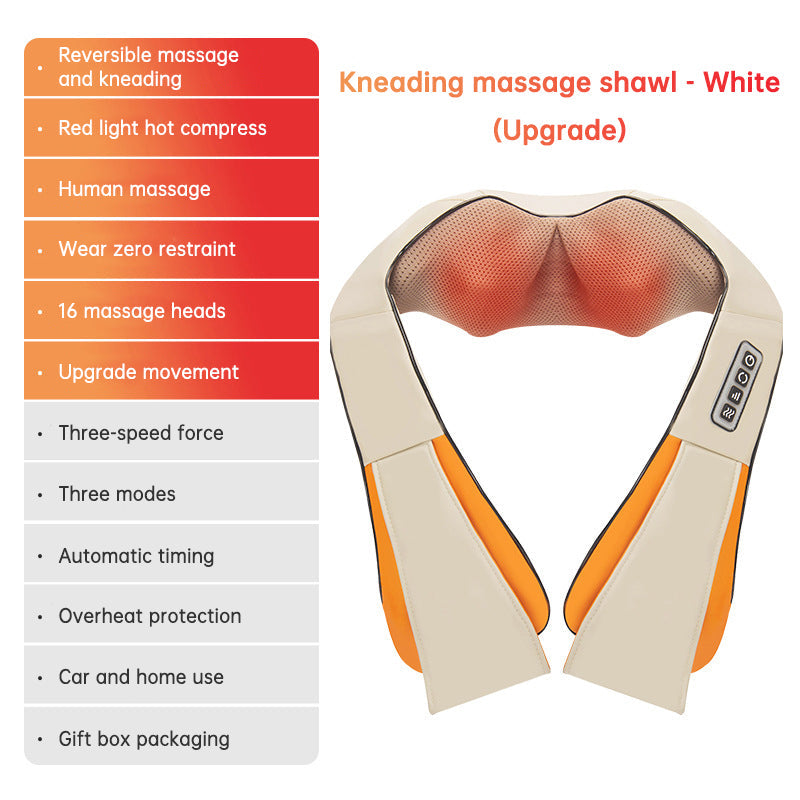 Kneading massage shawl massager, white and orange, electric neck/back massager with 16 heads on Tampa Home & Garden Store