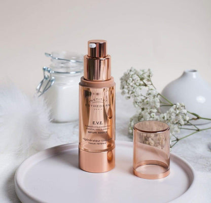 Face serum Esthederm E.V.E. by Beauty Care Bag in rose-gold pump bottle with cap beside tray on Tampa Home & Garden Store