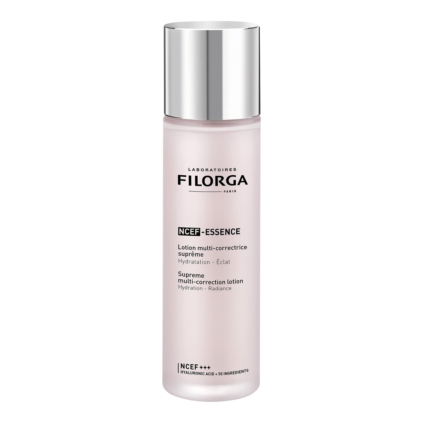 Filorga NCEF-ESSENCE supreme multi-correction lotion bottle in soft pink with silver cap on Tampa Home & Garden Store