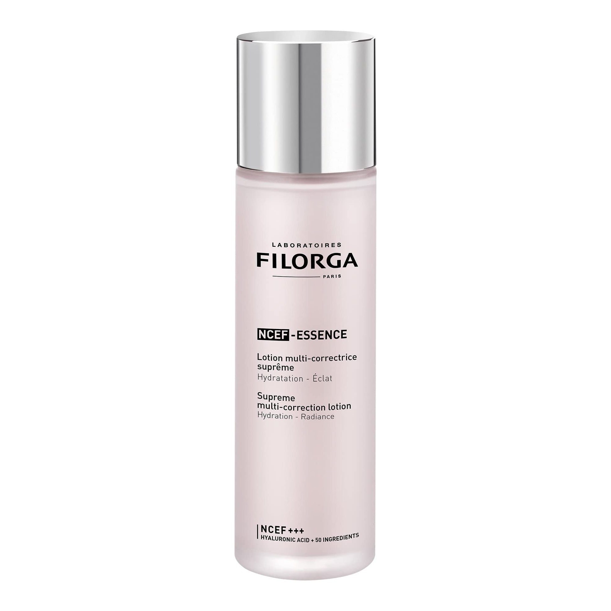 Filorga NCEF-ESSENCE supreme multi-correction lotion bottle in soft pink with silver cap on Tampa Home & Garden Store