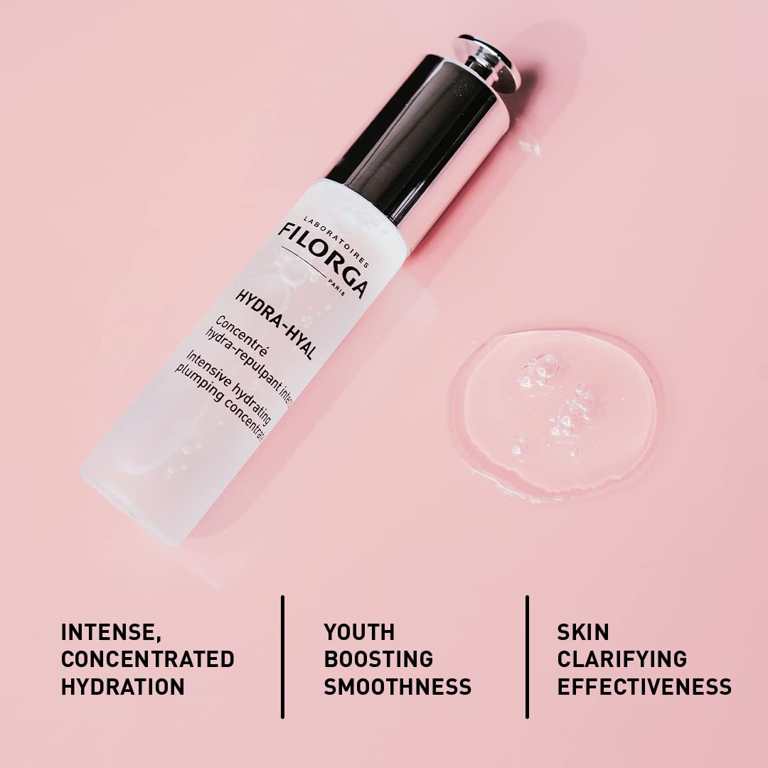 Filorga Hydra-Hyal face serum bottle with white label and black pump on pink background on Tampa Home & Garden Store