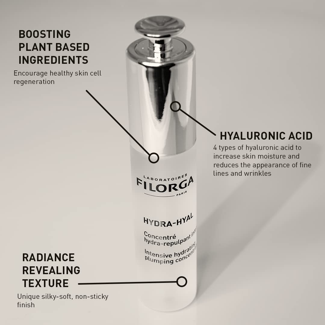 Filorga Hydra-Hyal serum bottle with silver cap and hyaluronic acid labeling for hydrating skin on Tampa Home & Garden Store