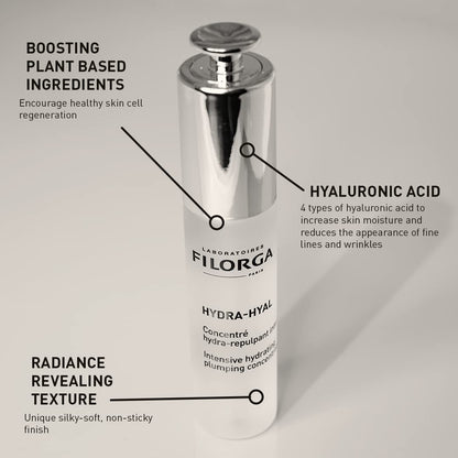 Filorga Hydra-Hyal serum bottle with silver cap and hyaluronic acid labeling for hydrating skin on Tampa Home & Garden Store