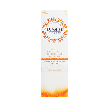 Lumene Nordic-C Brightening Day Fluid Mineral Sunscreen SPF 30 box white with orange sunburst on Tampa Home & Garden Store