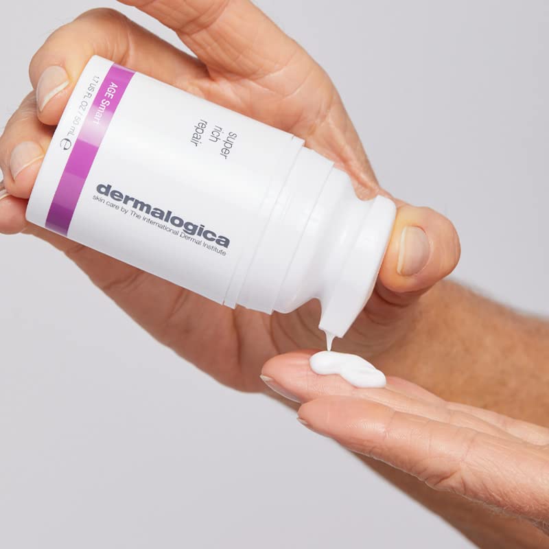 Dermalogica Super Rich Repair moisturizer in white bottle with purple label; cream on fingertip on Tampa Home & Garden Store