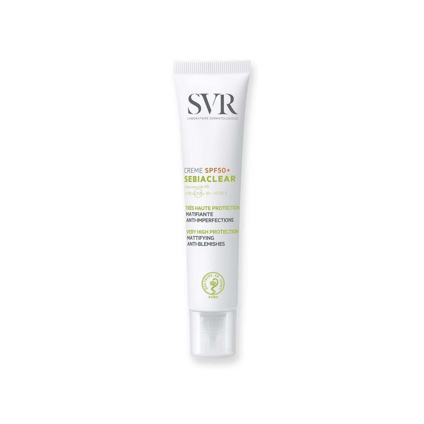 SVR Sebiaclear SPF50+ sunscreen tube, white with SVR logo and SEBIACLEAR label on Tampa Home & Garden Store