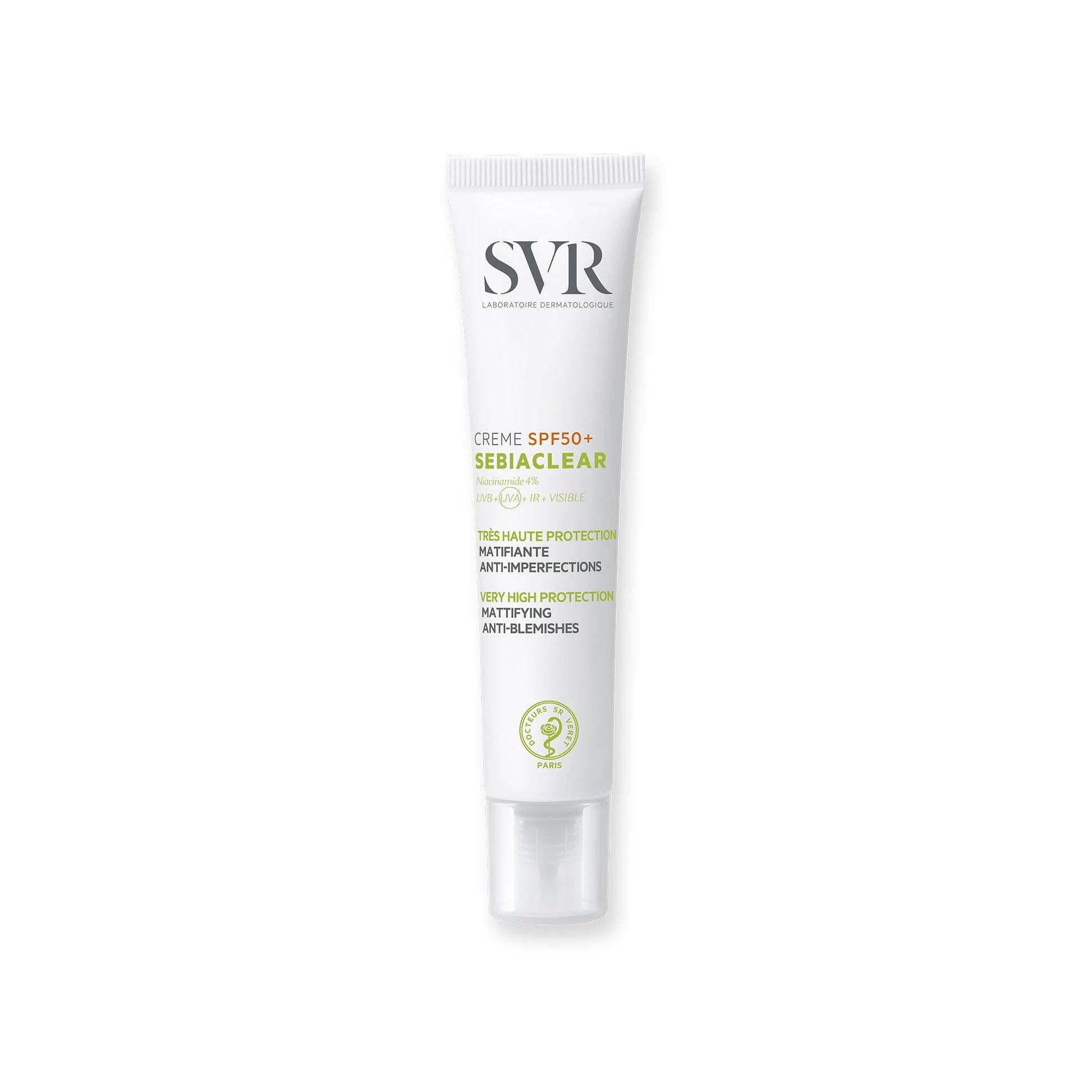 SVR Sebiaclear SPF50+ sunscreen tube, white with SVR logo and SEBIACLEAR label on Tampa Home & Garden Store