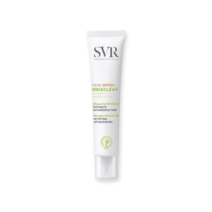 SVR Sebiaclear SPF50+ sunscreen tube, white with SVR logo and SEBIACLEAR label on Tampa Home & Garden Store