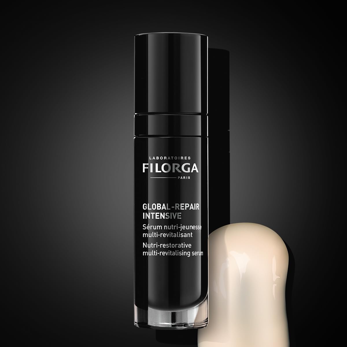 Filorga Global-Repair Intensive face serum bottle with sleek black packaging and beige serum dollop on Tampa Home & Garden Store