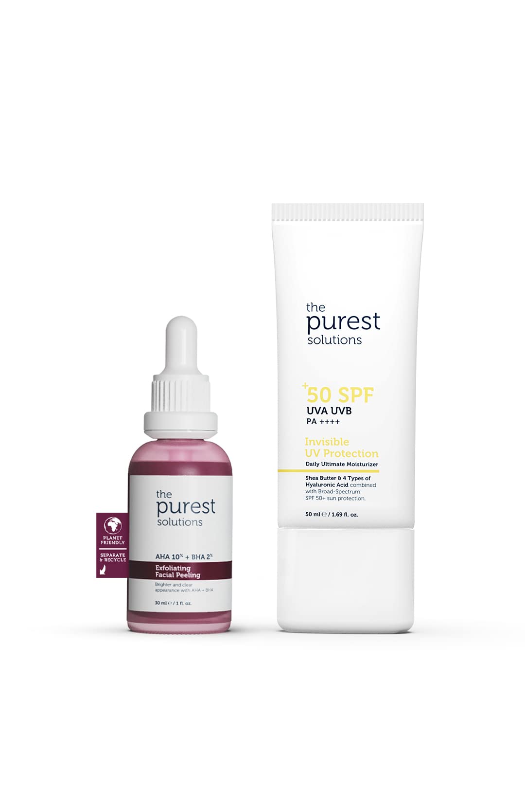 Purest Solutions exfoliating facial peeling serum and SPF50+ UV sunscreen pink bottle white tube on Tampa Home & Garden Store