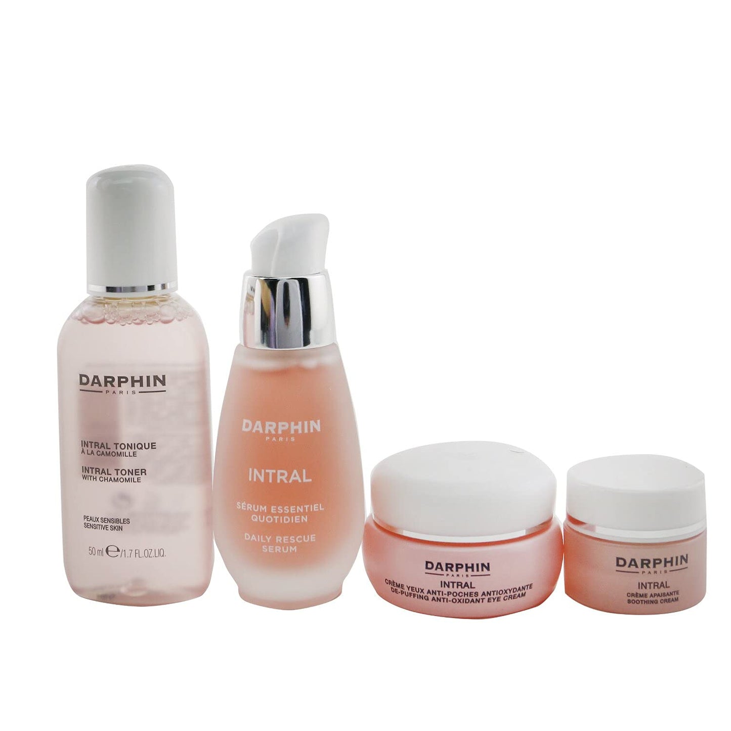 Darphin Intral skincare set 4-piece kit with pink-toned bottles and jars for sensitive skin on Tampa Home & Garden Store