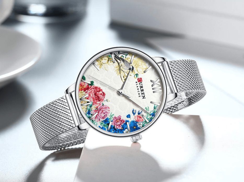Stevvex womens watch with floral decoupage dial and large Roman numerals, silver mesh band on Tampa Home & Garden Store